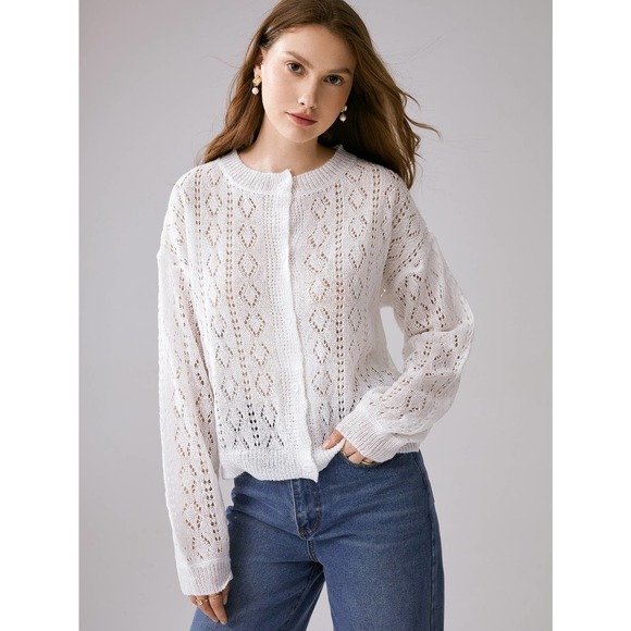 White Pointelle Knit Drop Shoulder Cardigan Sweater Boho - Picture 3 of 4